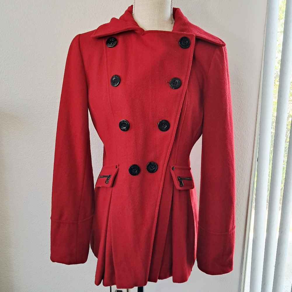 Guess Red Double-Breasted Pleated Coat Wool Blend Jacket Medium